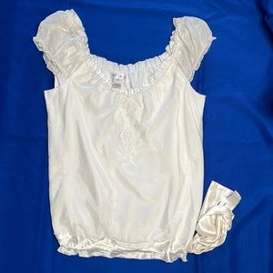 White House Black Market, XL, White Blouse with Floral Detail and Satin Trim